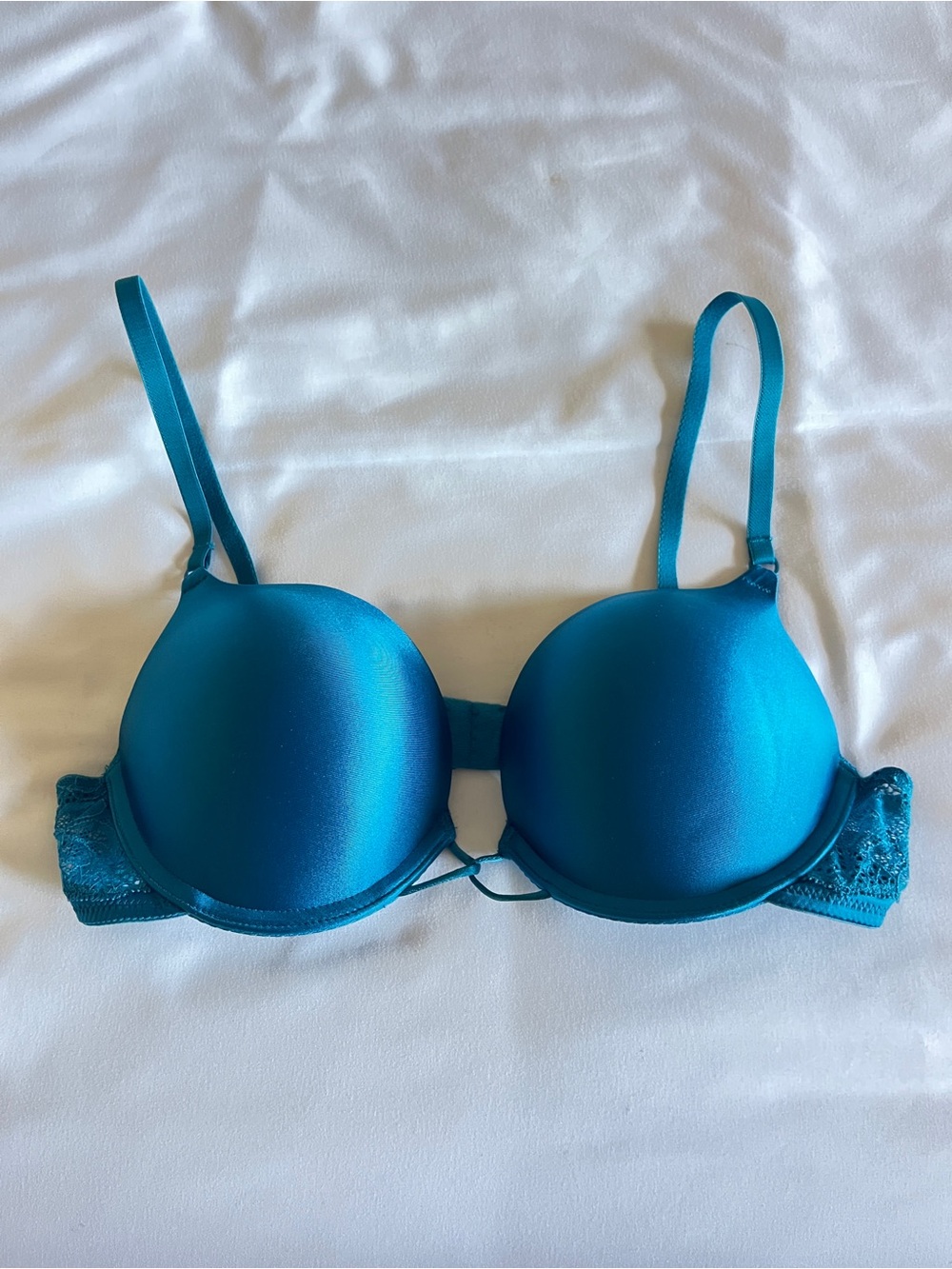 Self Expressions Teal Blue Smooth Push Up Bra Lace Wings 36A Plunge Comfort